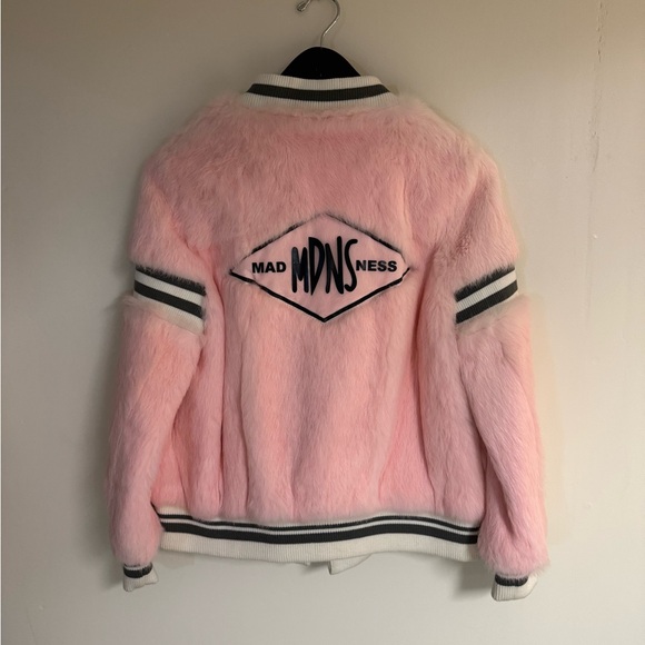 Russian Pink Fur Bomber Jacket “MAD MDNS NESS” Varsity Harajuku Y2K M - Picture 2 of 15